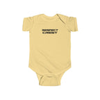 Butter yellow short-sleeve baby bodysuit with minimal RESPECT CREST graphic on chest