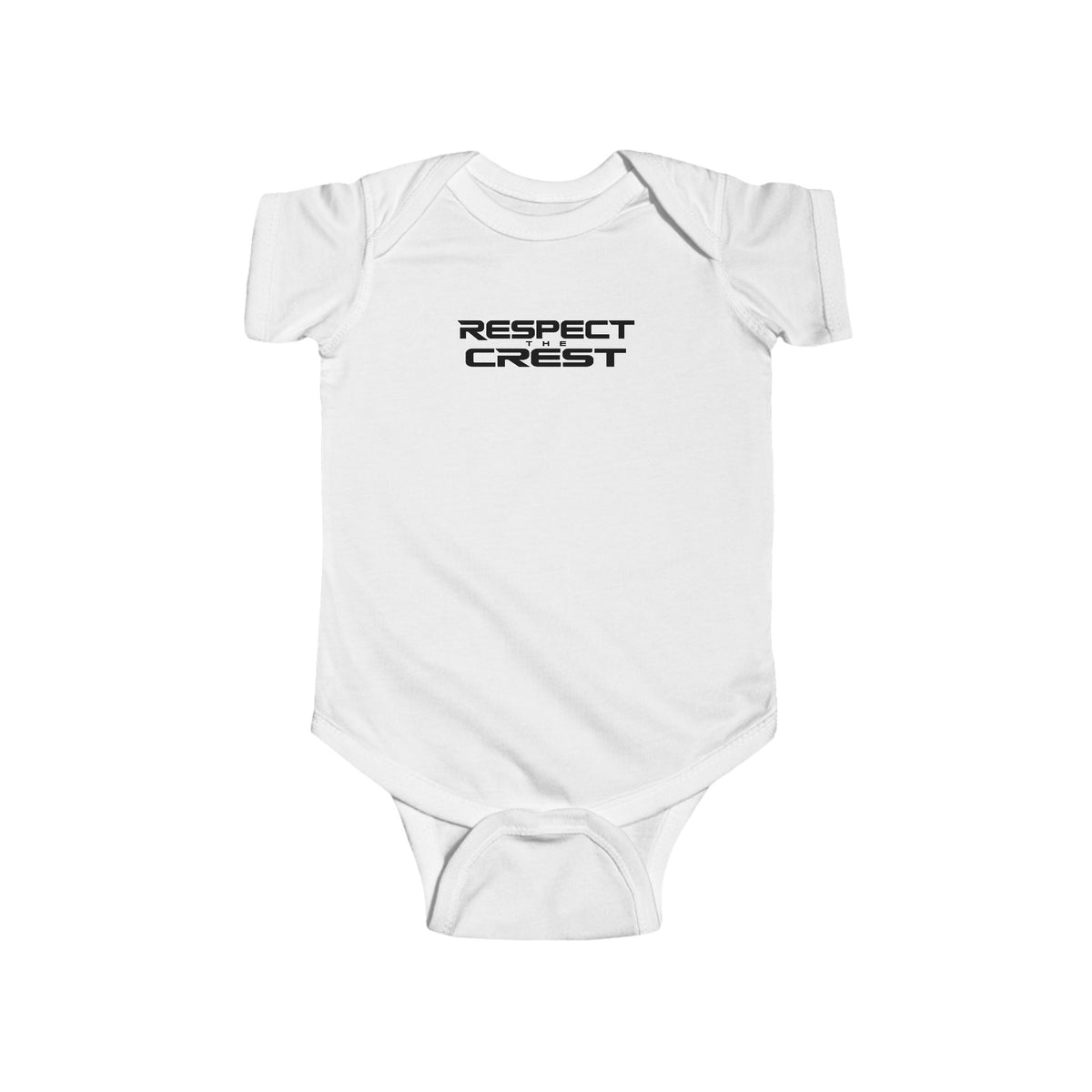 White short-sleeve baby bodysuit with minimal RESPECT CREST graphic on chest