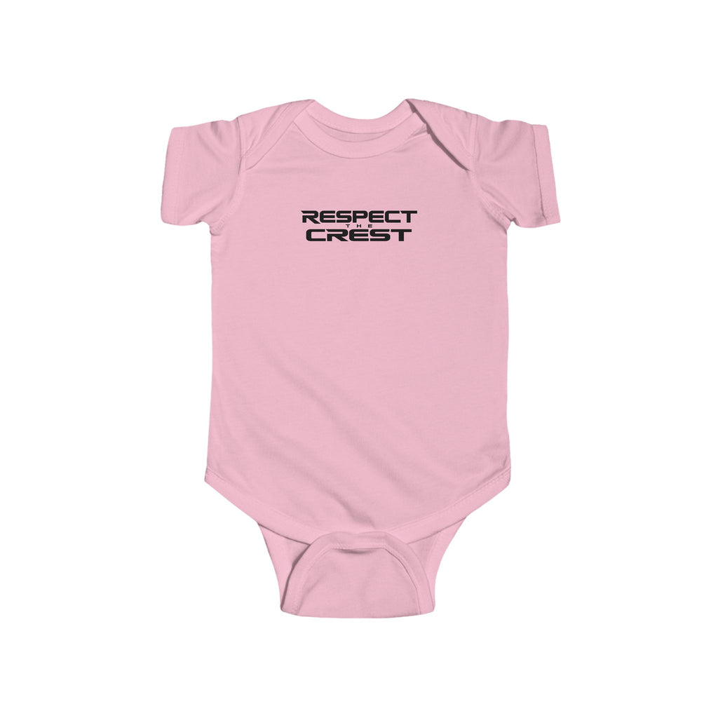 Pink short-sleeve baby bodysuit with minimal RESPECT CREST graphic on chest