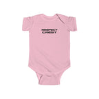 Pink short-sleeve baby bodysuit with minimal RESPECT CREST graphic on chest