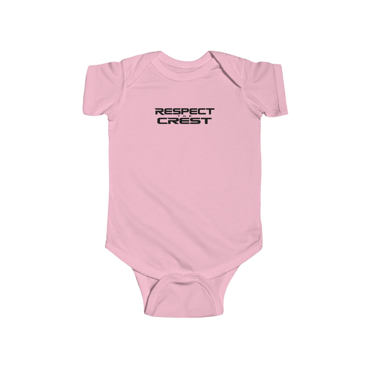 Pink short-sleeve baby bodysuit with minimal RESPECT CREST graphic on chest