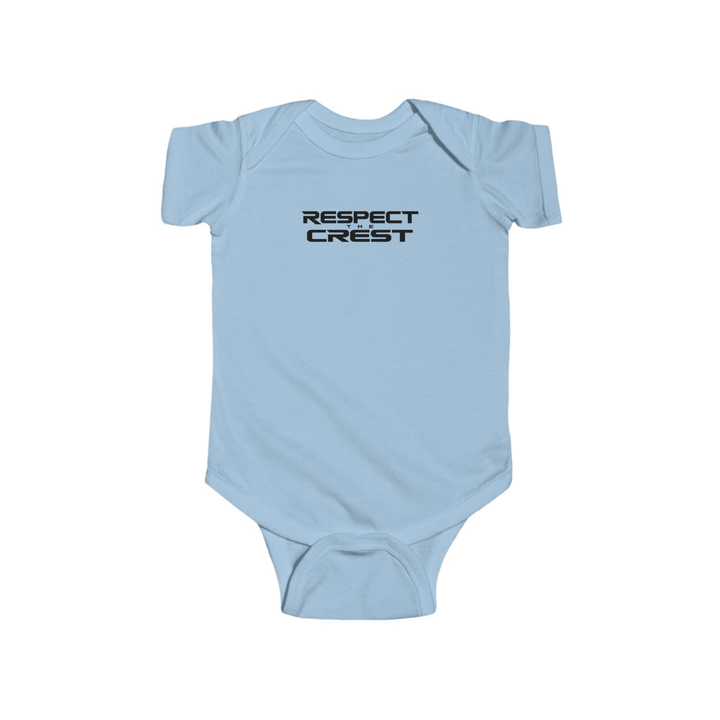 Light blue short-sleeve baby bodysuit with minimal RESPECT CREST graphic on chest