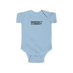 Light blue short-sleeve baby bodysuit with minimal RESPECT CREST graphic on chest