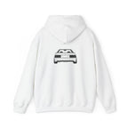 White 2.6L Social Club hoodie, back view with car logo print
