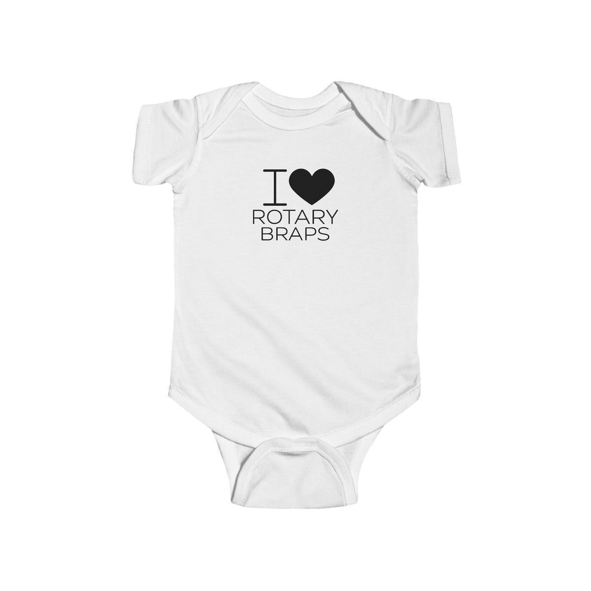 White baby bodysuit with Rotary Braps heart graphic on front