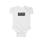 White baby bodysuit with short sleeves and bold “GAS!” graphic on the chest