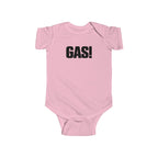 Pink baby bodysuit with short sleeves and bold “GAS!” graphic on the chest