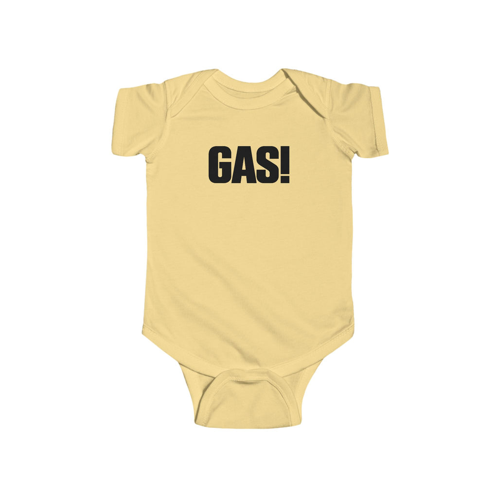 Butter yellow baby bodysuit with short sleeves and bold “GAS!” graphic on chest