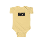 Butter yellow baby bodysuit with short sleeves and bold “GAS!” graphic on chest