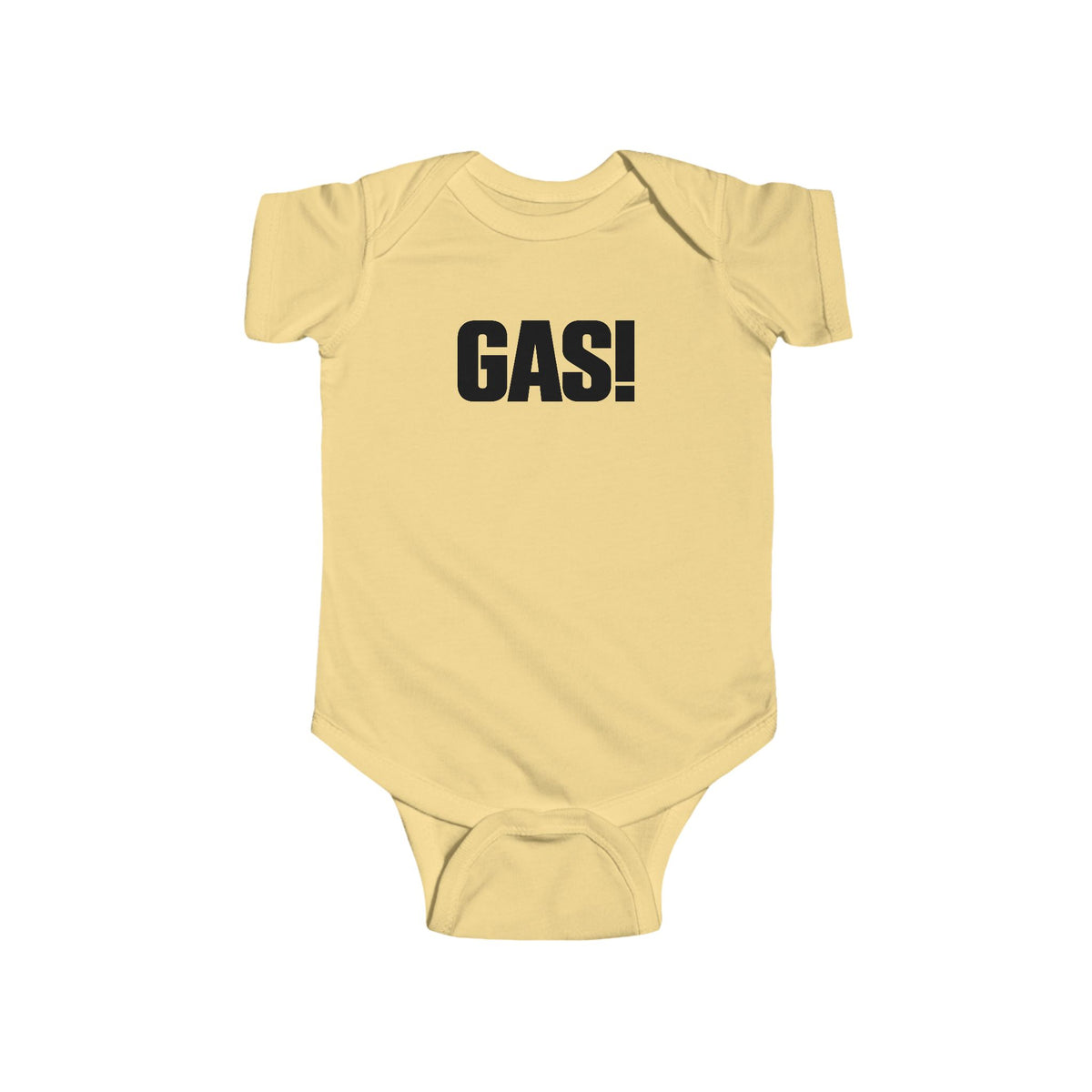 Butter yellow baby bodysuit with short sleeves and bold “GAS!” graphic on chest