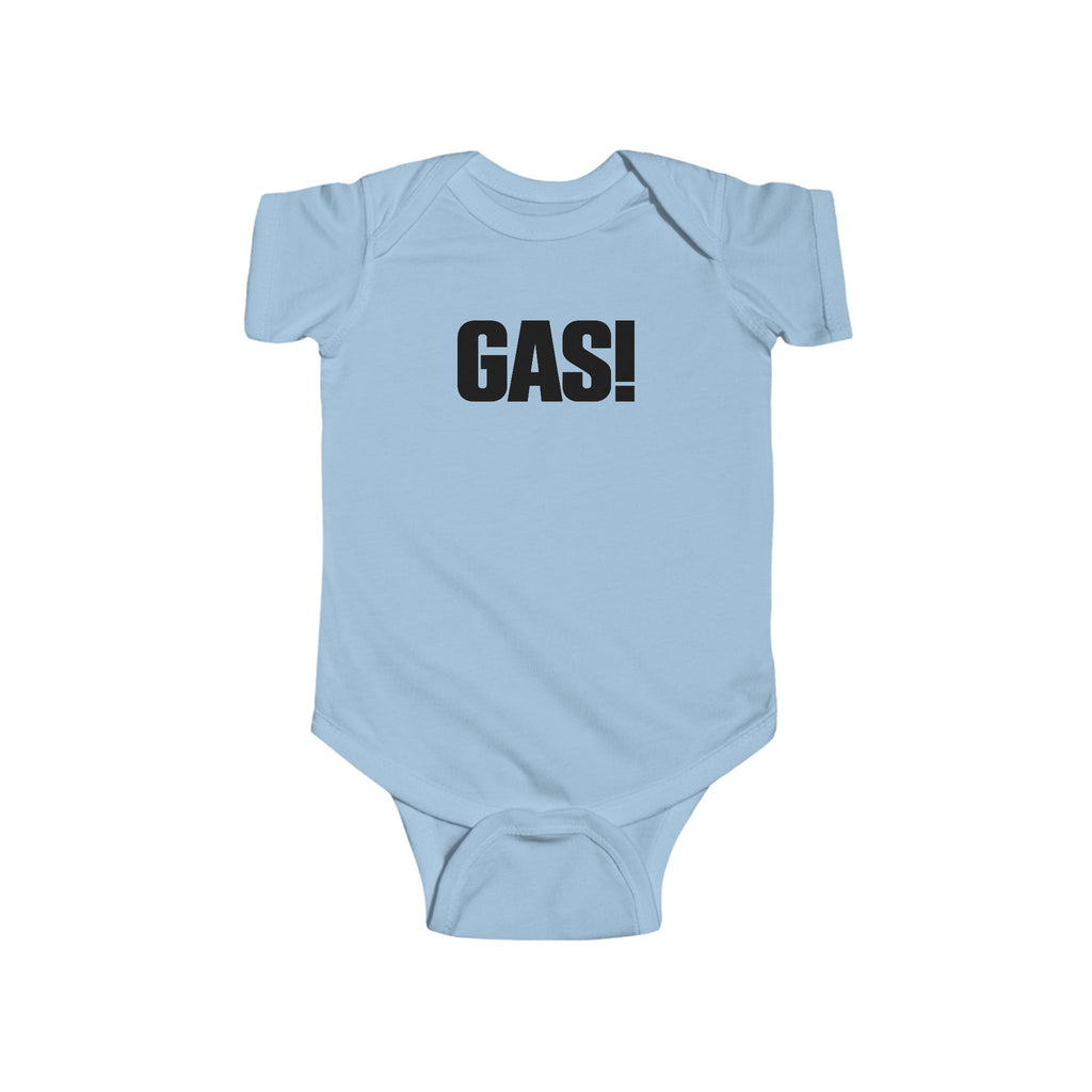 Light blue baby bodysuit with short sleeves and bold “GAS!” graphic on the chest