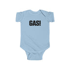 Light blue baby bodysuit with short sleeves and bold “GAS!” graphic on the chest