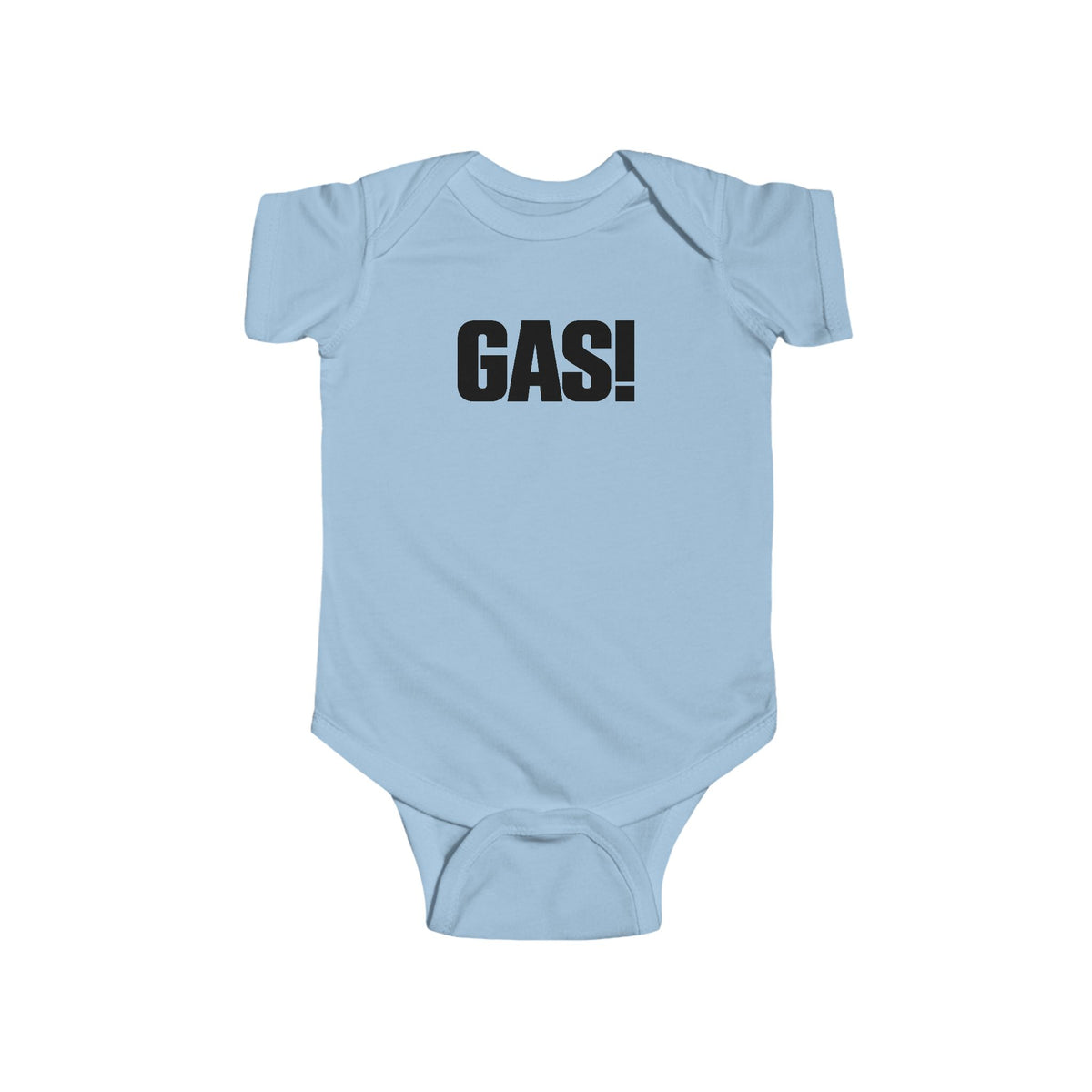 Light blue baby bodysuit with short sleeves and bold “GAS!” graphic on the chest