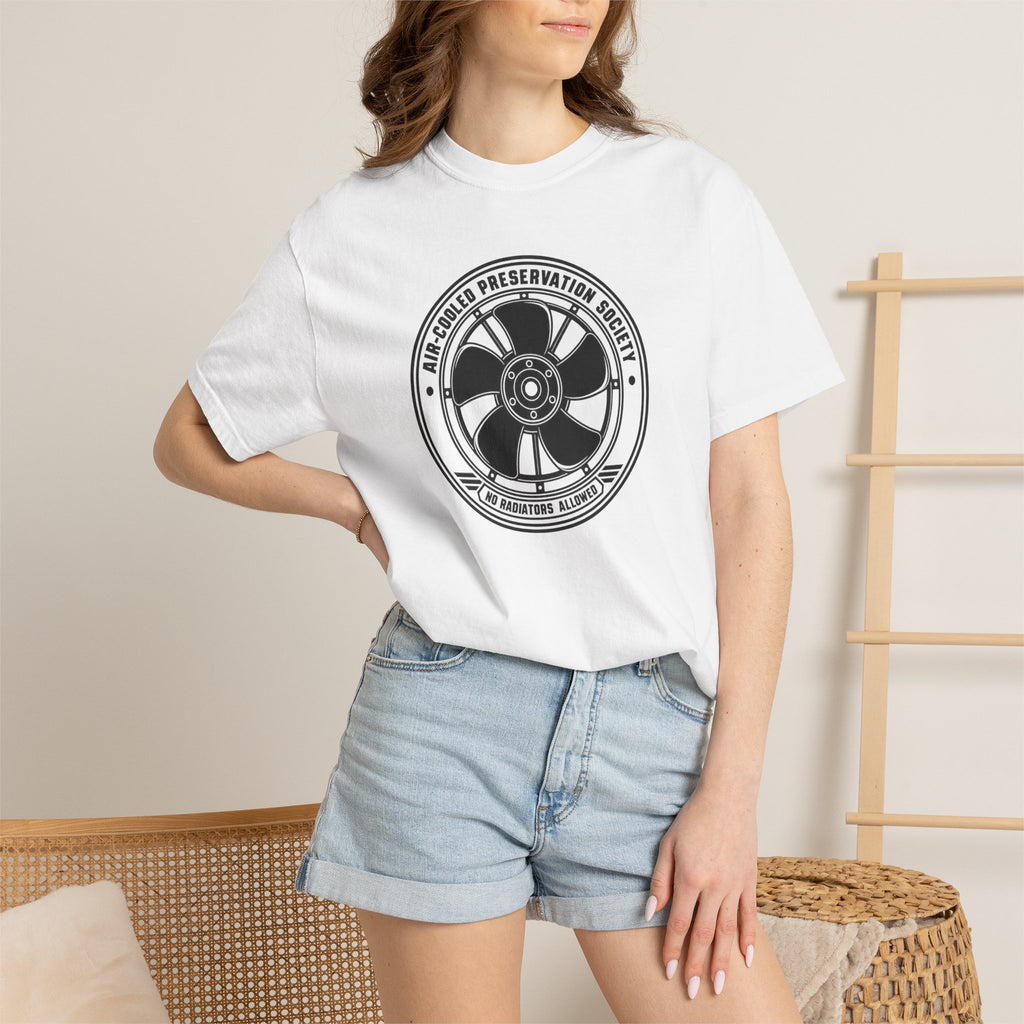 White crew-neck T-shirt worn by a model, featuring circular fan logo on chest