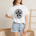 White crew-neck T-shirt worn by a model, featuring circular fan logo on chest