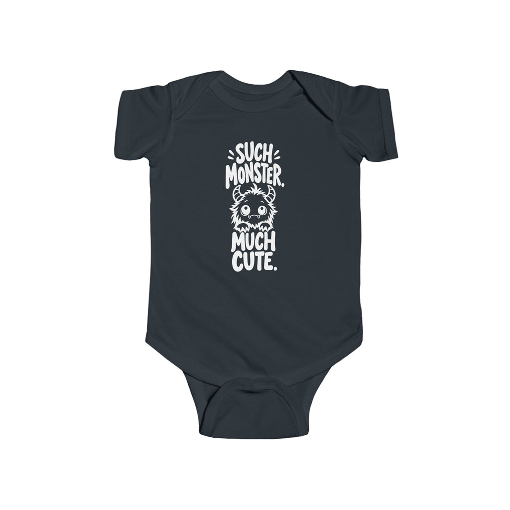 Baby bodysuit in dark black with monster graphic and “So much cute” text