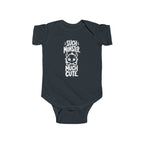 Baby bodysuit in dark black with monster graphic and “So much cute” text