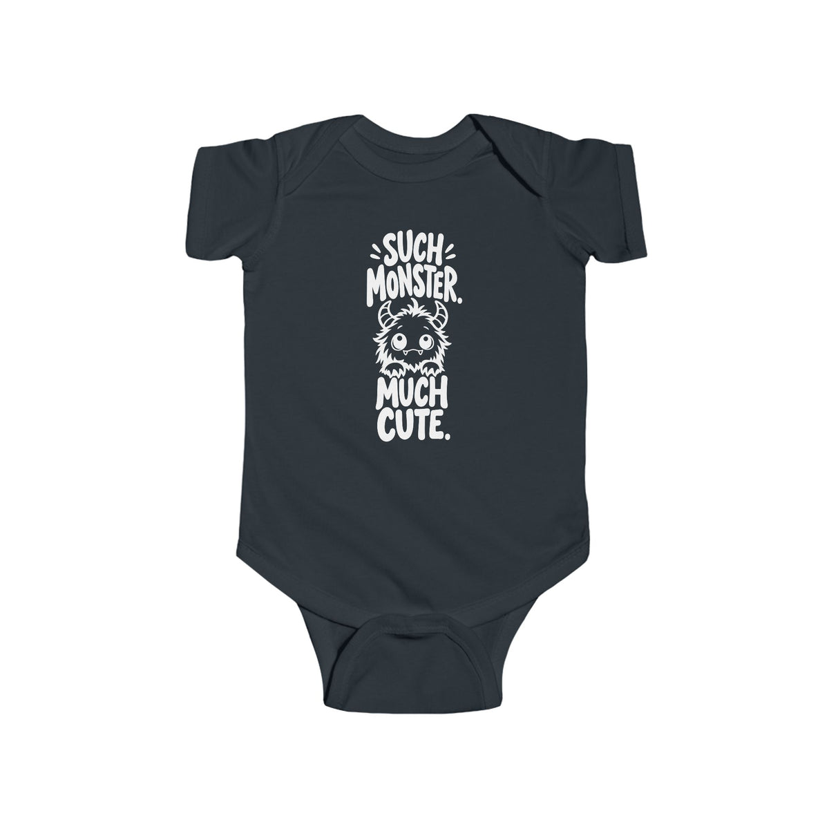 Baby bodysuit in dark black with monster graphic and “So much cute” text