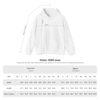 White pullover hoodie outline with hood and drawstrings; size chart diagram