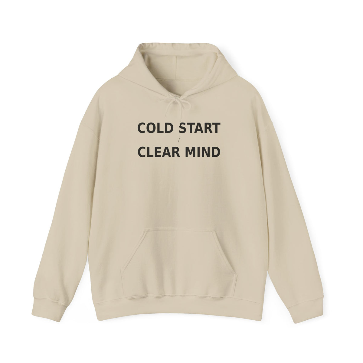 Sand beige hoodie with drawstring hood, front kangaroo pocket, and text graphic