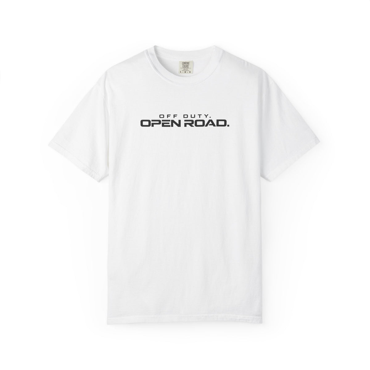 White crewneck T-shirt with front “Off Duty OPEN ROAD” graphic print