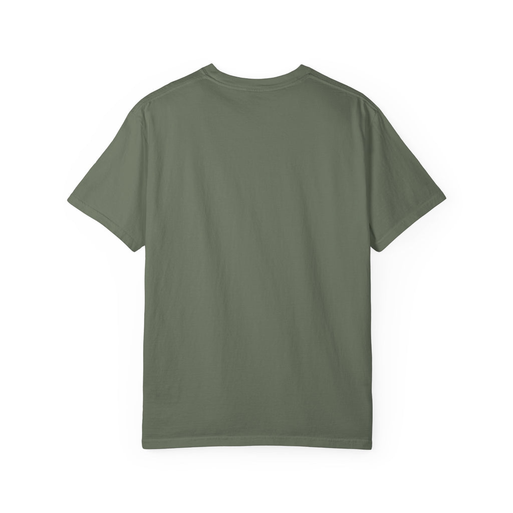 Moss green crew-neck T-shirt, short sleeves, no visible front graphic