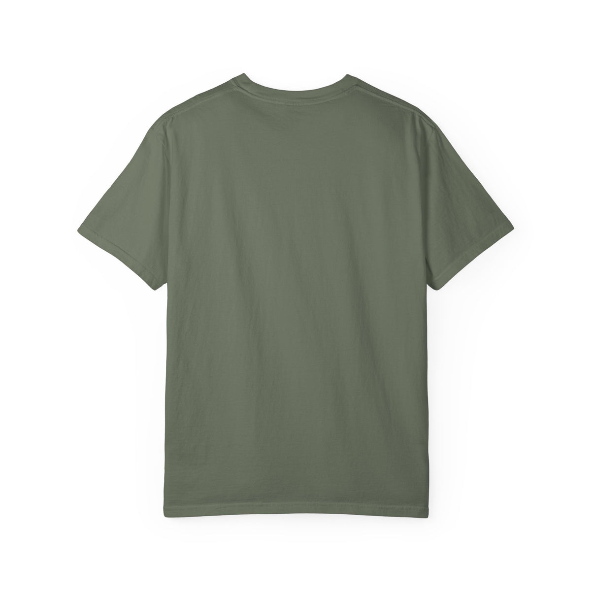 Moss green crew-neck T-shirt, short sleeves, no visible front graphic