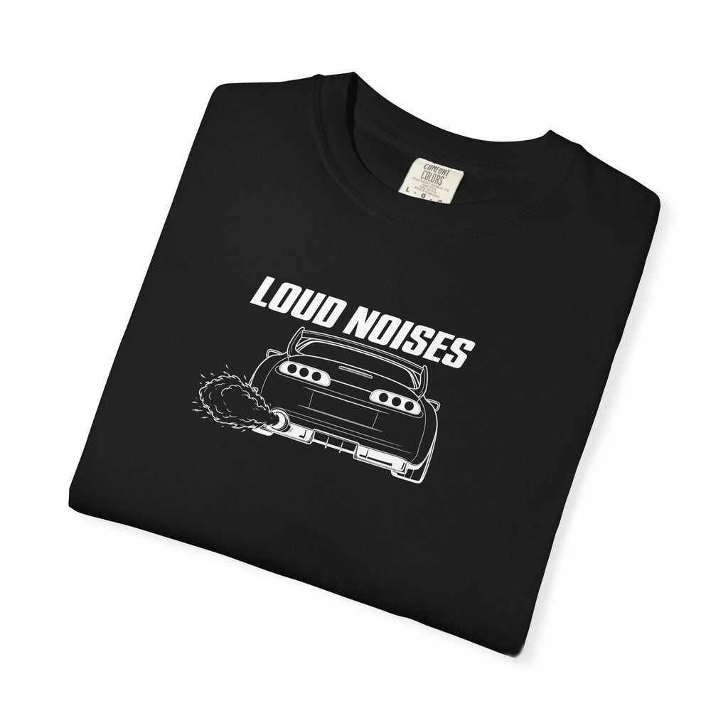 Black T-shirt with bold 'Loud Noises' typography and car graphic