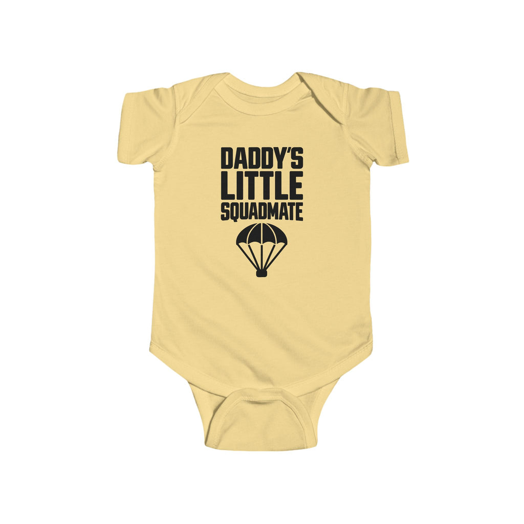 Butter yellow baby bodysuit with 'Daddy's Little Squadamate' parachute graphic