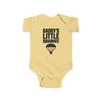 Butter yellow baby bodysuit with 'Daddy's Little Squadamate' parachute graphic