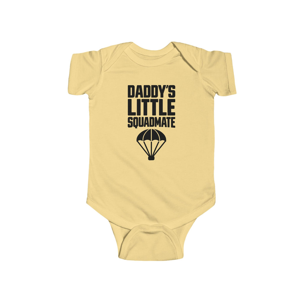 Butter yellow baby bodysuit with 'Daddy's Little Squadamate' parachute graphic