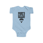 Light blue baby bodysuit with 'Daddy's Little Squadamate' parachute graphic