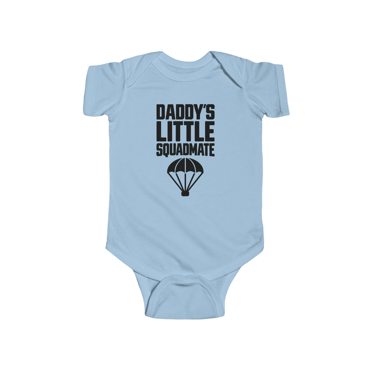 Light blue baby bodysuit with 'Daddy's Little Squadamate' parachute graphic