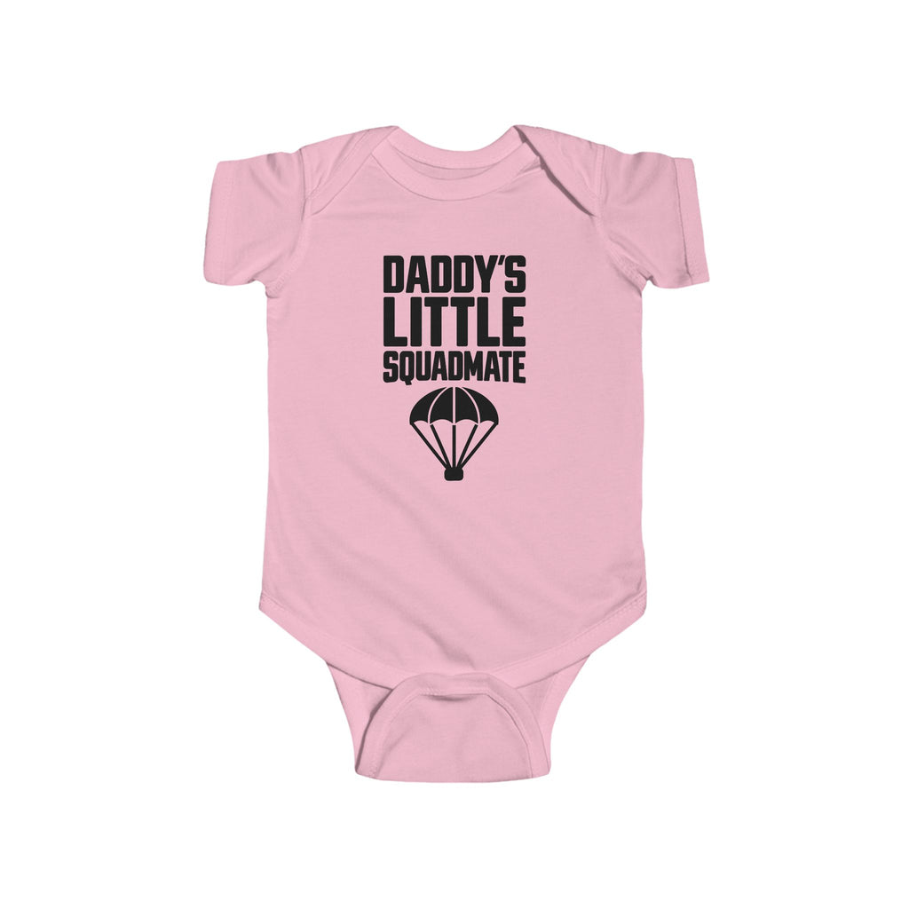 Pink baby bodysuit with 'Daddy's Little Squadamate' parachute graphic