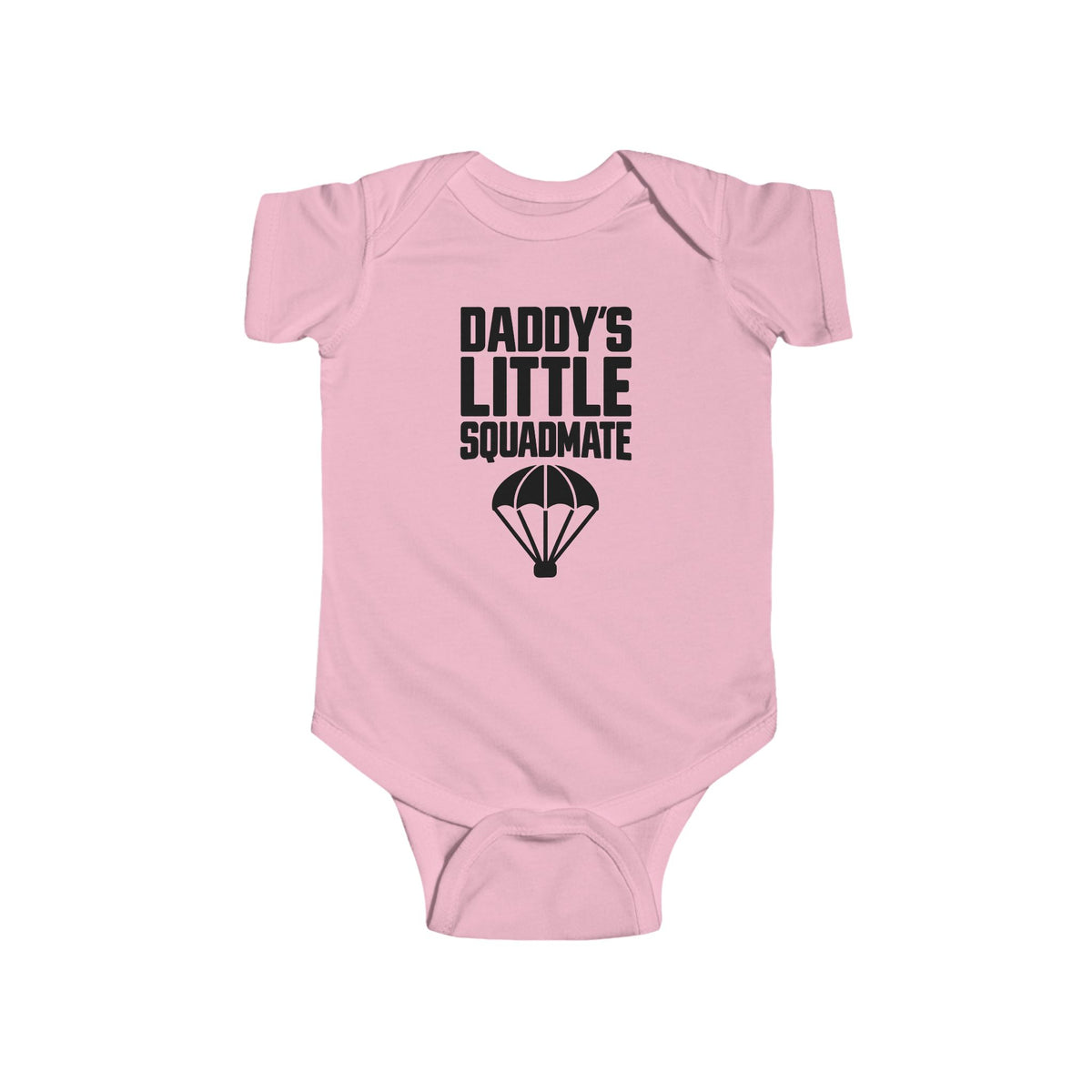 Pink baby bodysuit with 'Daddy's Little Squadamate' parachute graphic