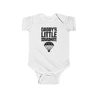 White baby bodysuit with 'Daddy's Little Squadamate' parachute graphic
