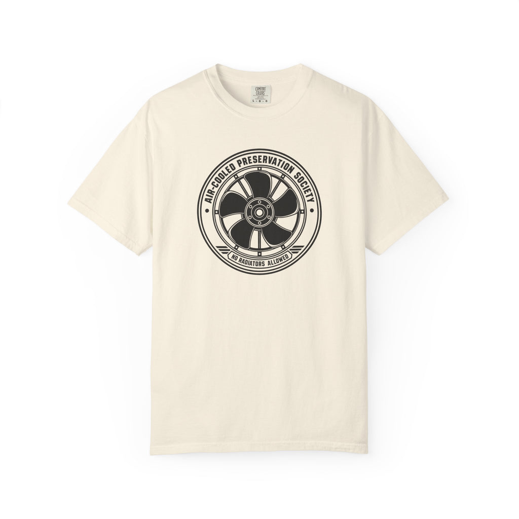 Ivory crew-neck T-shirt with circular fan logo graphic on the chest