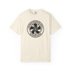 Ivory crew-neck T-shirt with circular fan logo graphic on the chest
