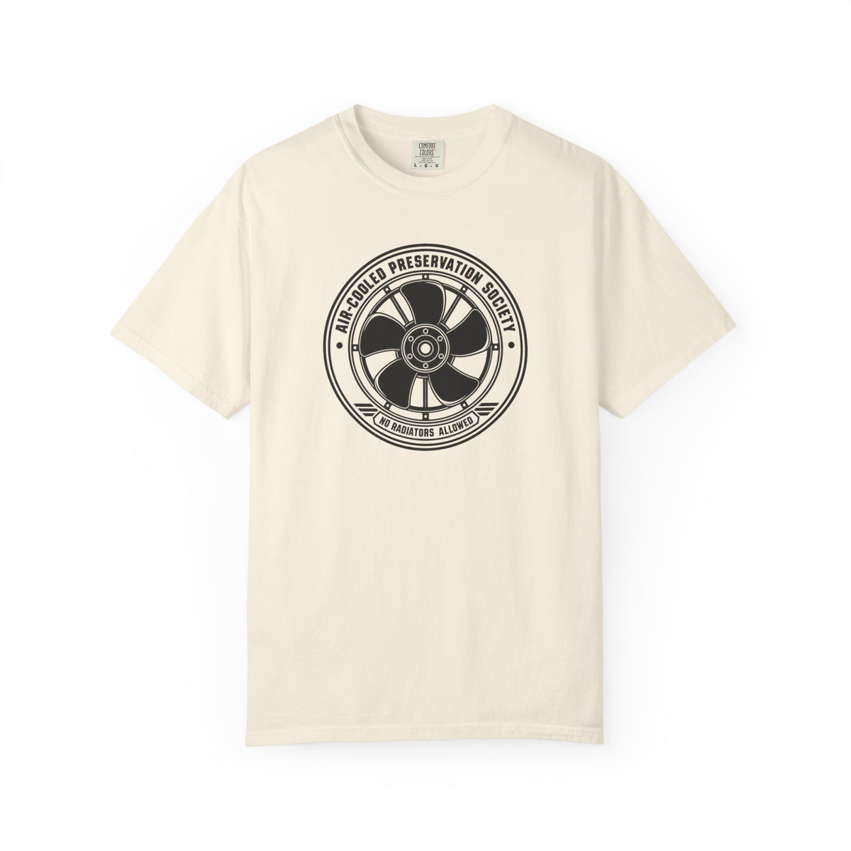 Ivory crew-neck T-shirt with circular fan logo graphic on the chest