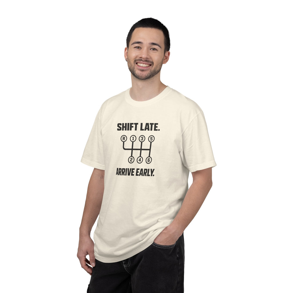 Ivory crew-neck T-shirt with shift late arrive early print