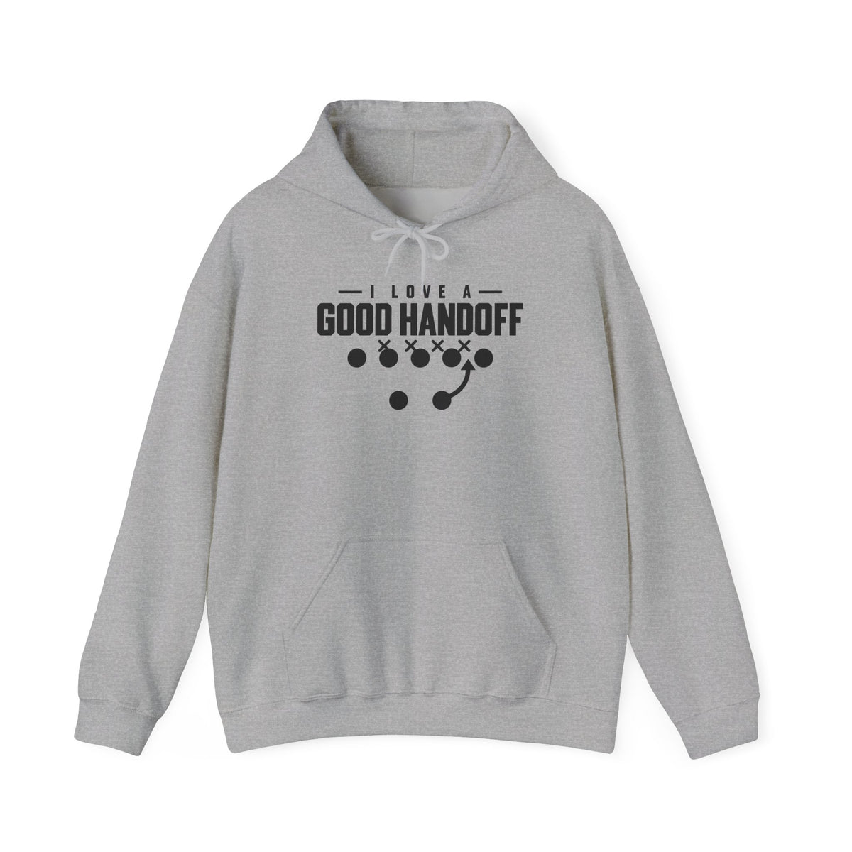 Sport grey football hoodie with hood, front pocket, and “GOOD HANDOFF” graphic