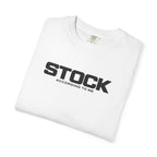 White crewneck T-shirt with STOCK logo graphic on the front