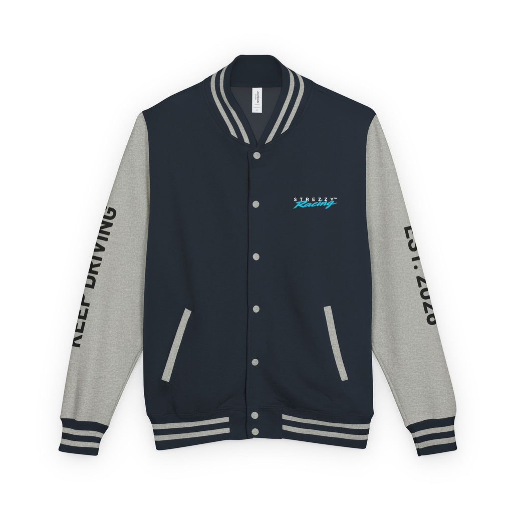 Navy varsity racing jacket with heather gray sleeves, striped rib trim, snap-button front, chest logo