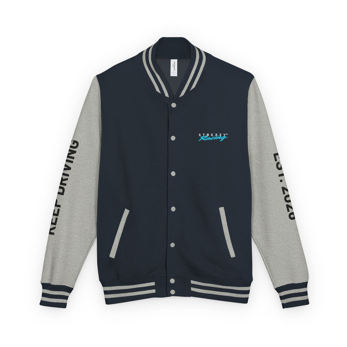 Navy varsity racing jacket with heather gray sleeves, striped rib trim, snap-button front, chest logo