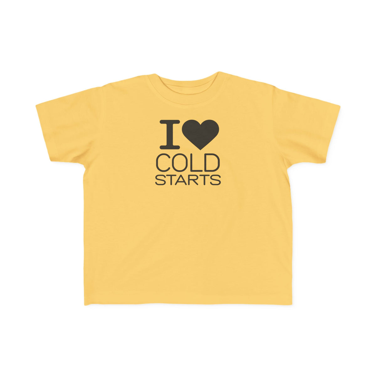 Toddler butter yellow t-shirt with 'I heart COLD STARTS' front graphic