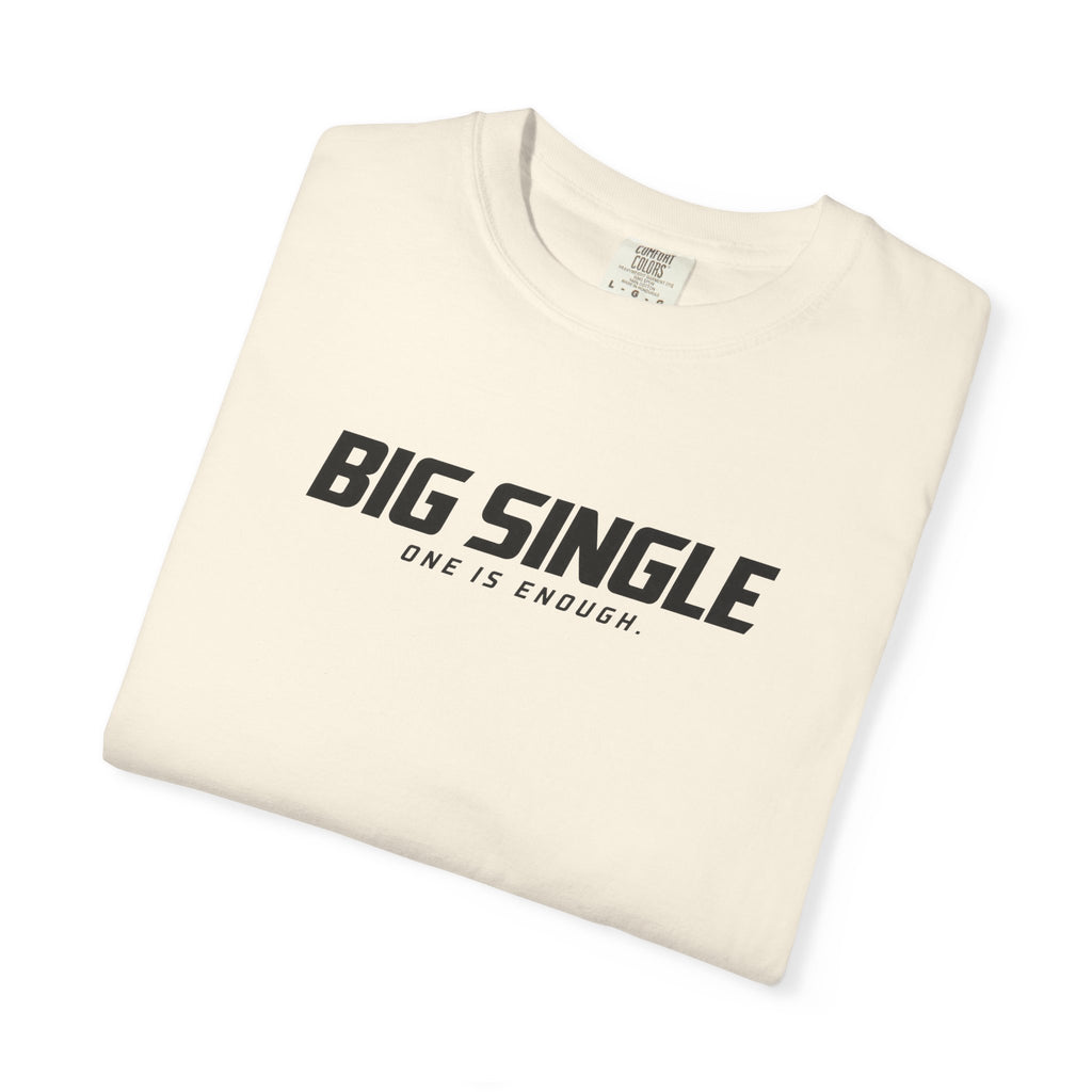 Ivory crew-neck T-shirt with large "BIG SINGLE" front graphic, short sleeves
