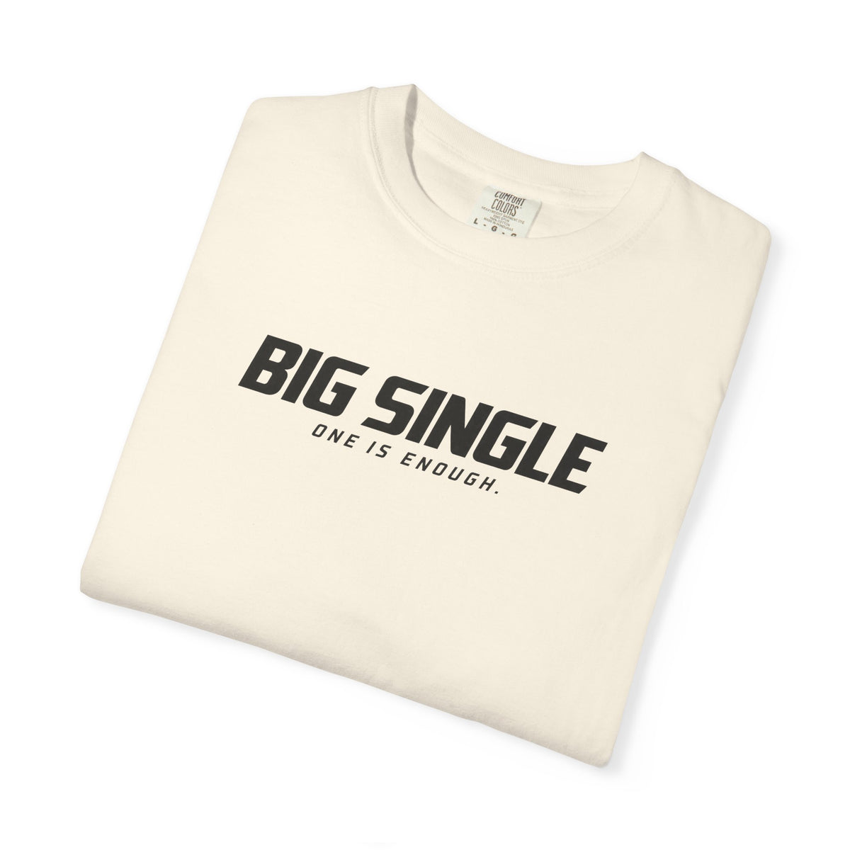 Ivory crew-neck T-shirt with large "BIG SINGLE" front graphic, short sleeves