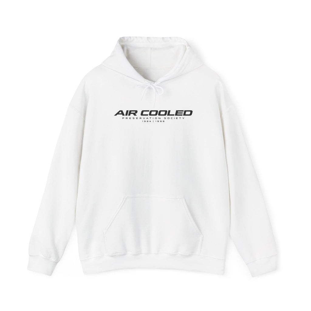 White pullover hoodie with kangaroo pocket and AIR COOLED logo print