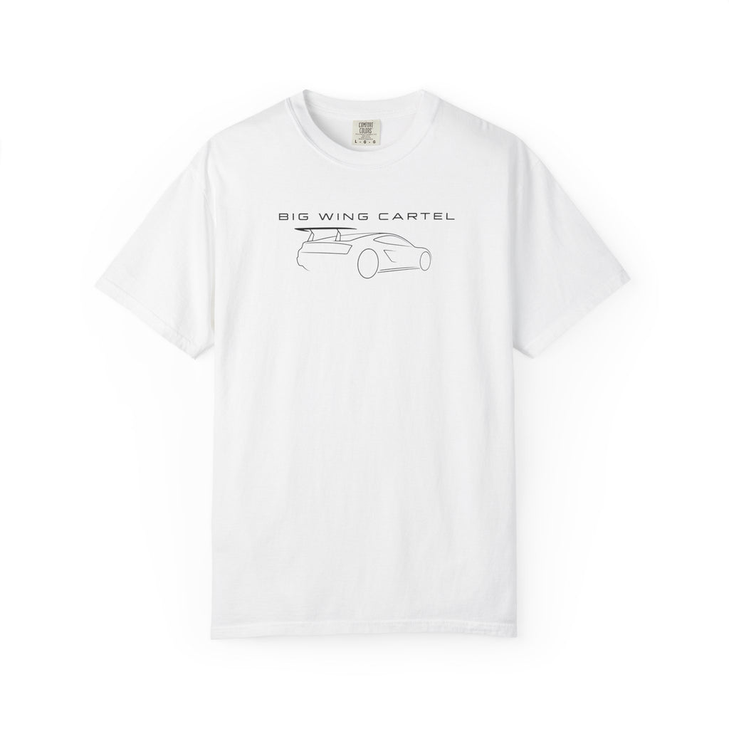 Big Wing Cartel exotic car outline T-shirt, white crewneck with front graphic print