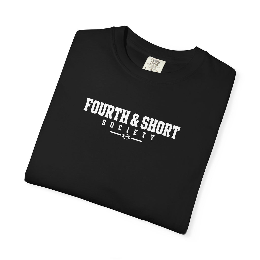 Black crewneck football t-shirt with bold chest logo text